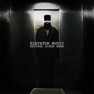 A mostly monochromatic digital image of a bearded man in a cap, and without a face, standing in an open metallic elevator. He's wearing a black suit and an orange shirt. The album title, "Elevator Music", and the artist name, "Shivpal Singh Kang" written in the center of the image.